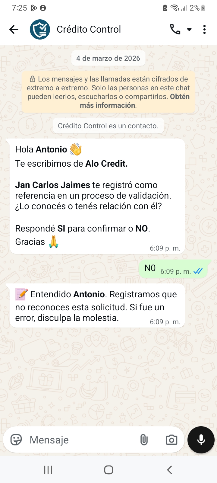 Mensaje de WhatsApp SI/NO para referencia